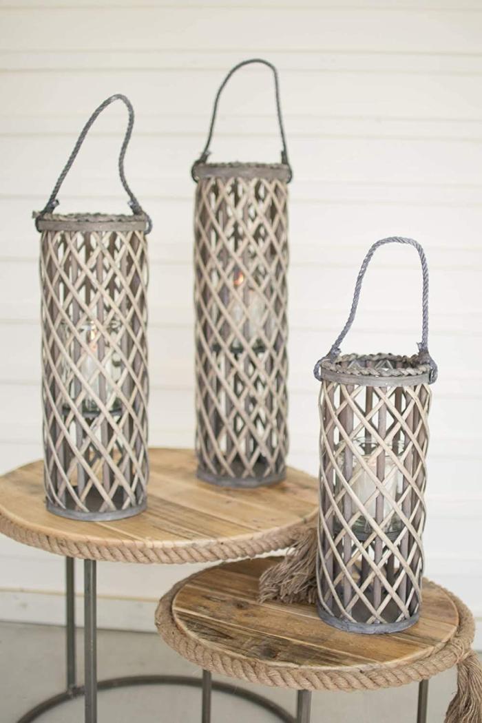 Set Of 3 Large Grey Willow Lanterns With Glass Accents & Decor