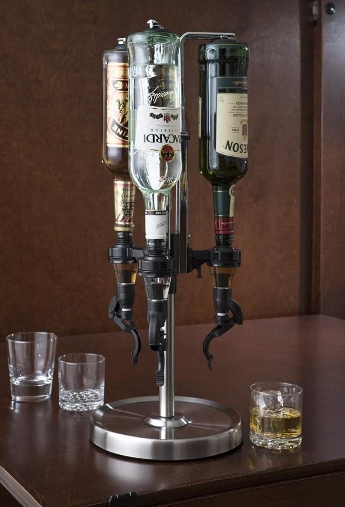 Professional 3-Bottle Revolving Liquor Dispenser, Stainless Steel Bars & Barstools