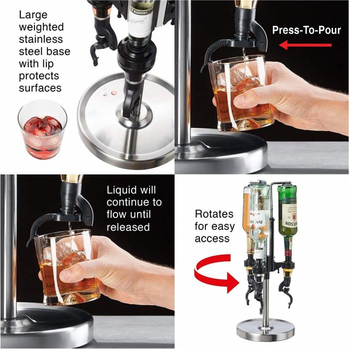 Professional 3-Bottle Revolving Liquor Dispenser, Stainless Steel Bars & Barstools